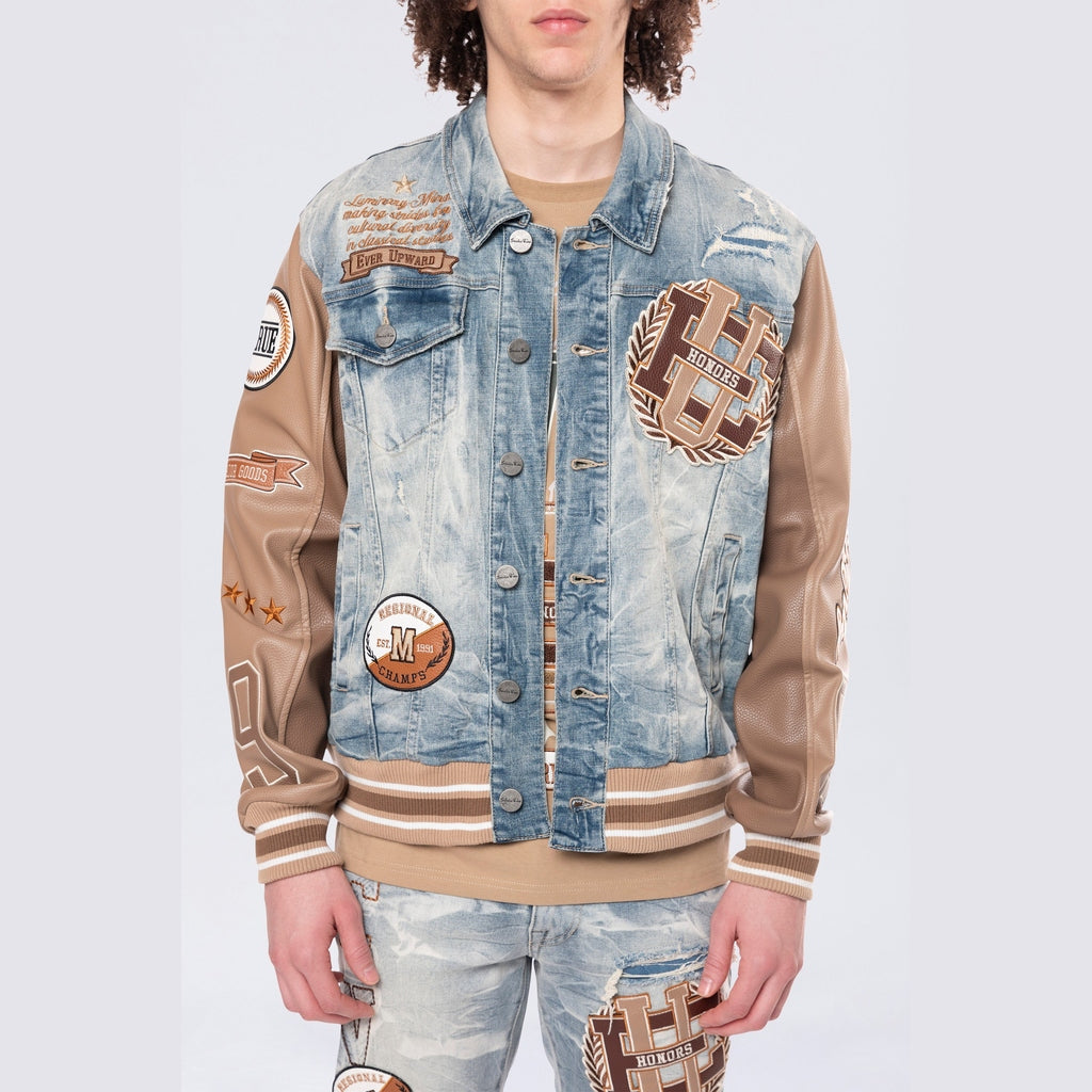 Smoke Rise Vegan Leather Sleeve Varsity Denim Jacket - Clyde Blue