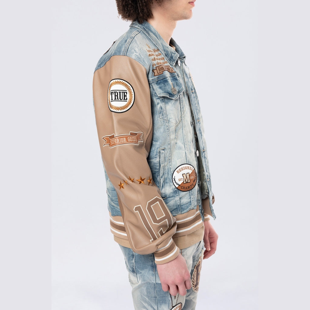 Smoke Rise Vegan Leather Sleeve Varsity Denim Jacket - Clyde Blue