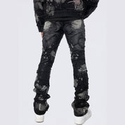 Smoke Rise Baggy Stacked Flared Patchwork Denim Jeans - Nickel Black