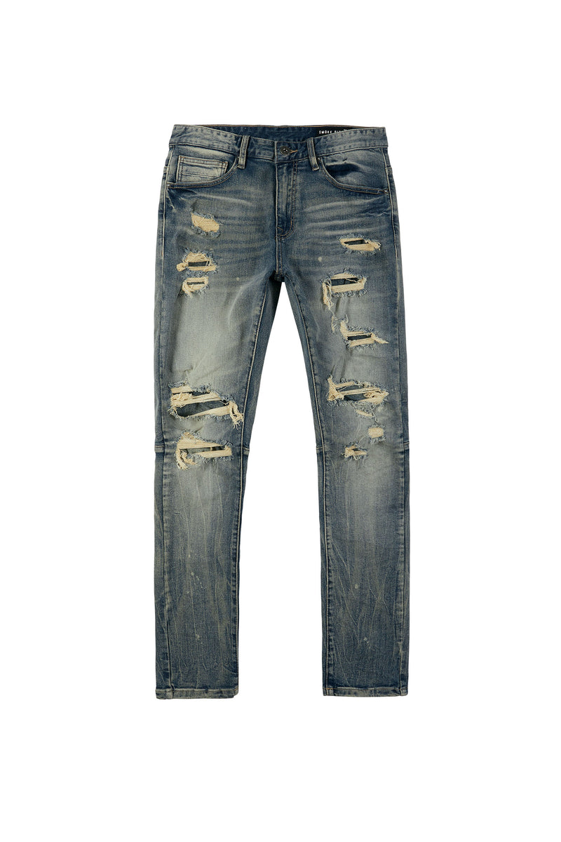 Rip And Repaired Color Denim Jeans - Blue Opal