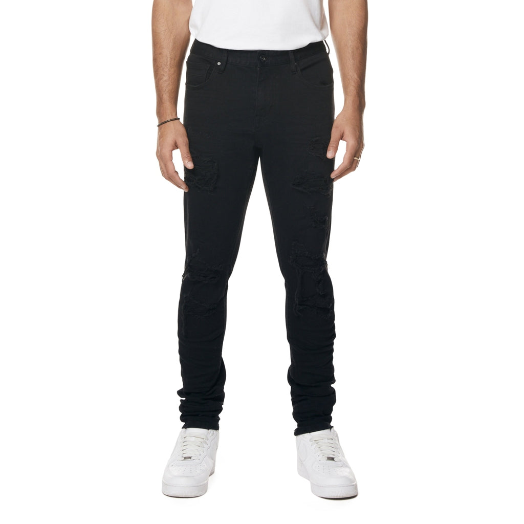 Smoke Rise Slim Tapered Rip & Repaired Colored Jeans - Black