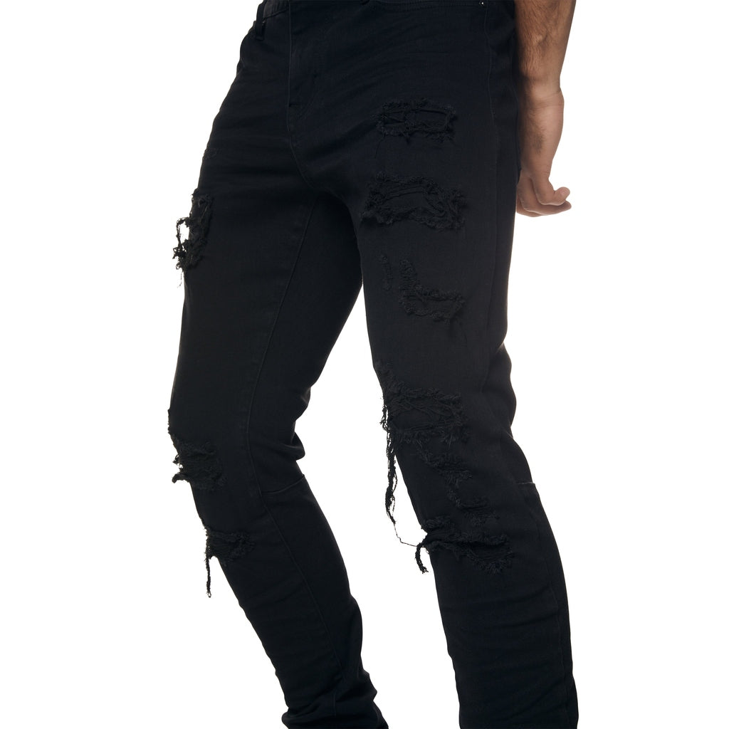 Smoke Rise Slim Tapered Rip & Repaired Colored Jeans - Black