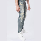 Smoke Rise Slim Tapered Rip & Repaired Colored Jeans - Chester Blue