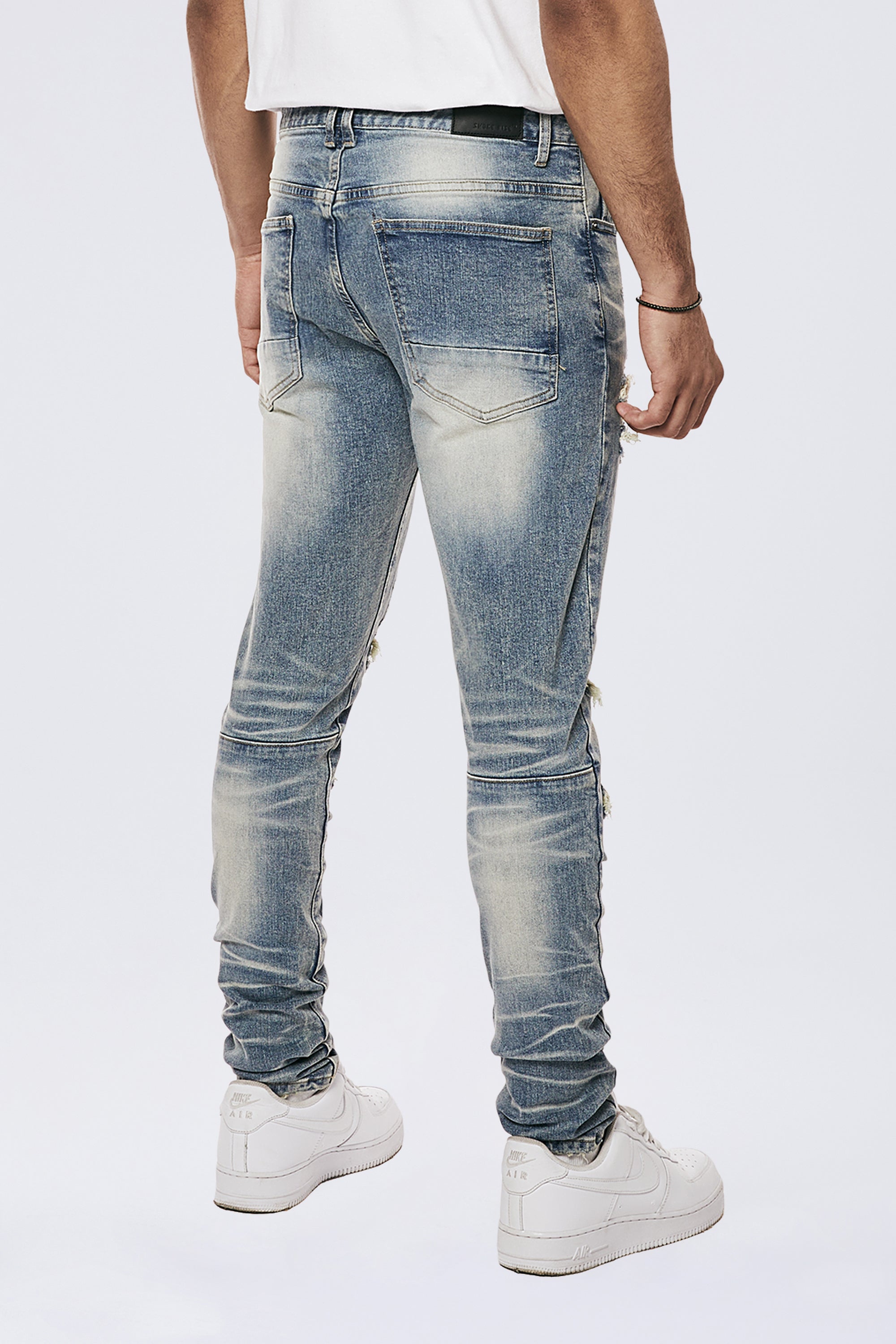 Rip & Repaired Color Slim Tapered Denim Jeans - Malibu Blue