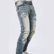 Smoke Rise Rip & Repaired Color Slim Tapered Denim Jeans - Malibu Blue