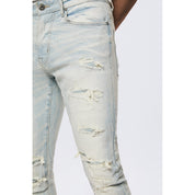 Smoke Rise Rip & Repaired Color Slim Tapered Denim Jeans - Speckle Blue