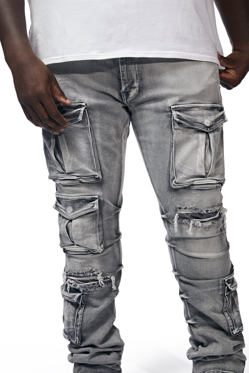 Big And Tall Utility Pocket Stacked Denim Jeans - Union Grey
