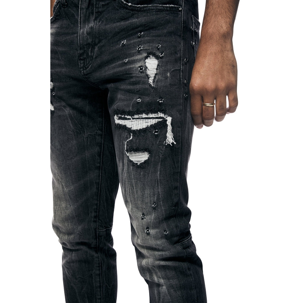 Smoke Rise Rip And Repair Denim Jeans - Moon Black