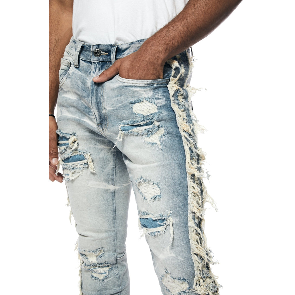 Smoke Rise Frayed Stacked Denim Jeans - Bergen Blue