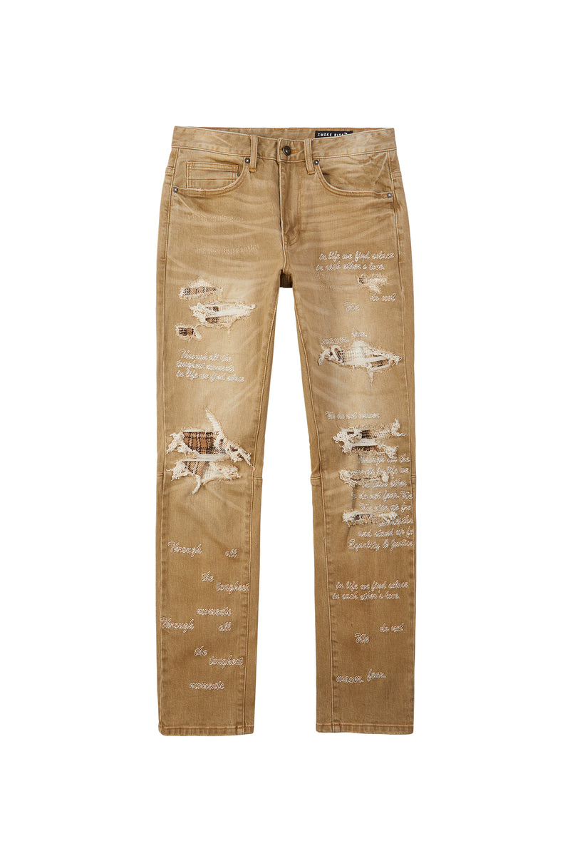 Embroidered Plaid Backed Denim Jeans - Brulee