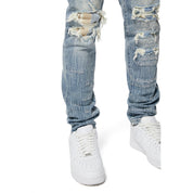 Smoke Rise Embroidered Plaid Backed Denim Jeans - Lowell Blue