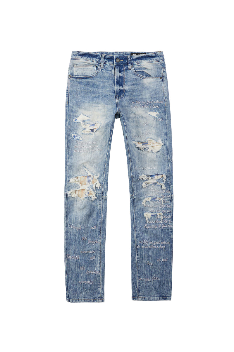 Embroidered Plaid Backed Denim Jeans - Lowell Blue