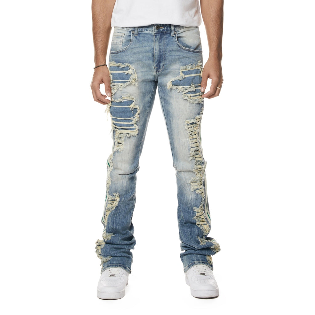 Smoke Rise Laser Striped Stacked Denim Jeans - Osaka Blue