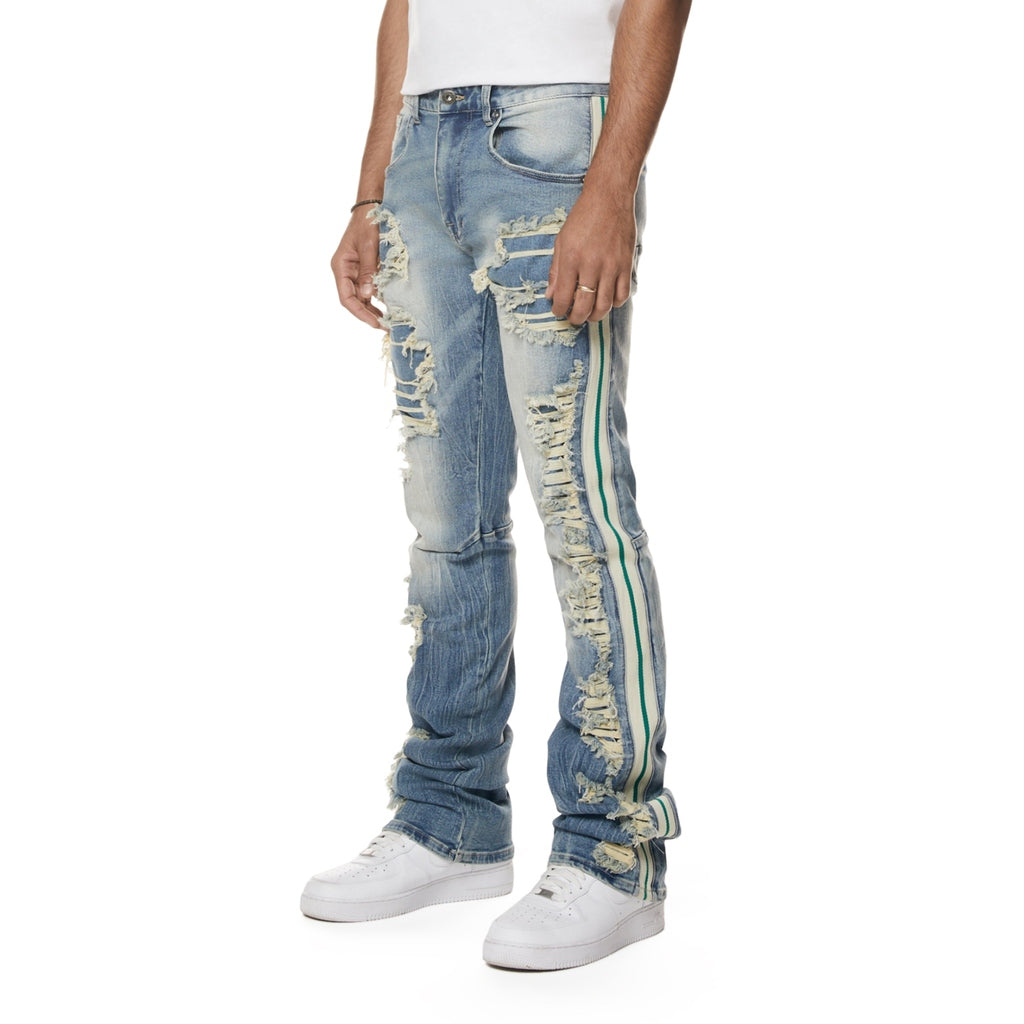 Smoke Rise Laser Striped Stacked Denim Jeans - Osaka Blue