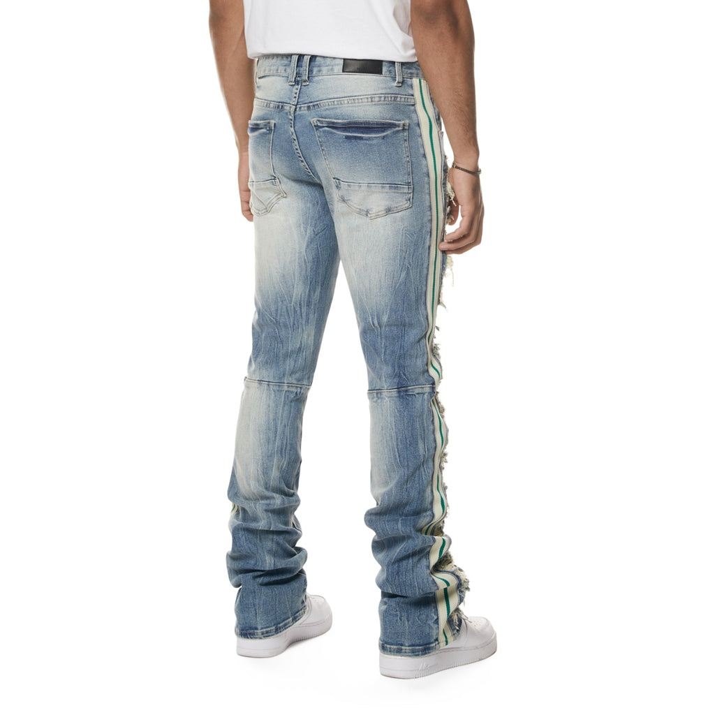 Smoke Rise Laser Striped Stacked Denim Jeans - Osaka Blue