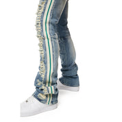 Smoke Rise Laser Striped Stacked Denim Jeans - Osaka Blue