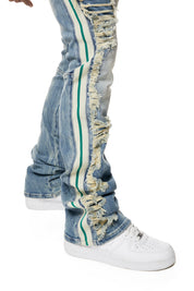 Laser Striped Stacked Denim Jeans - Osaka Blue