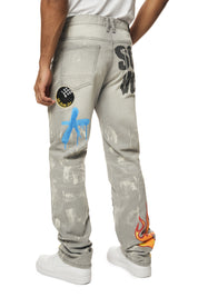 Multi Embroidered Patched Retro Denim Jeans - Cold Grey