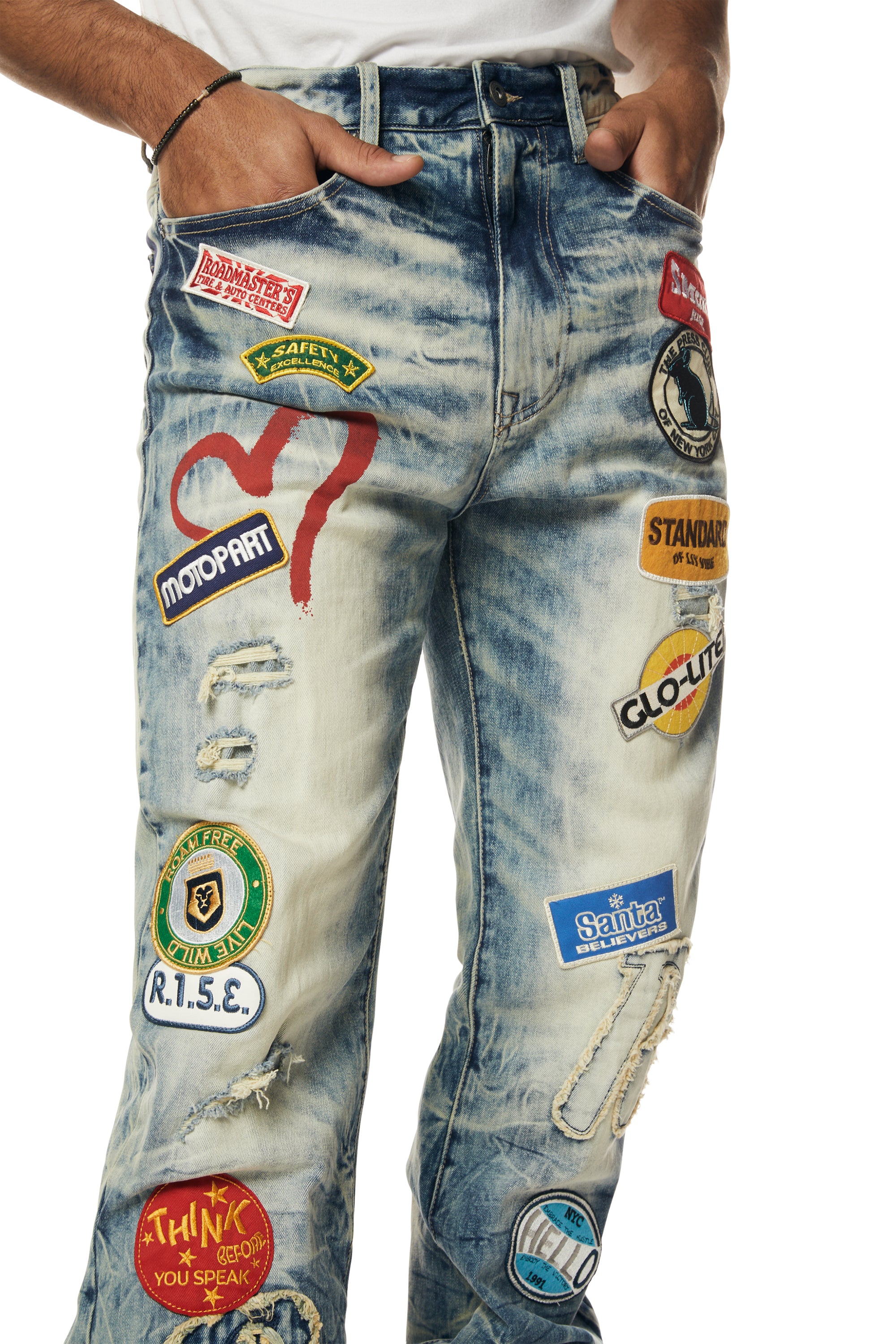 Multi Embroidered Patched Retro Denim Jeans - Metro Blue