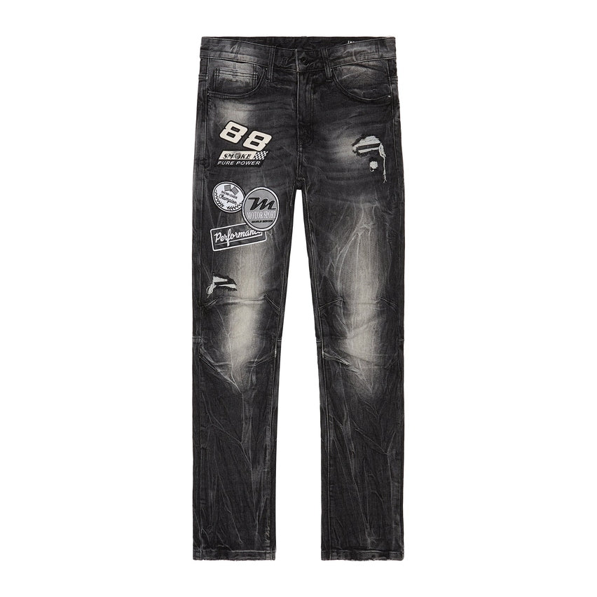 Smoke Rise Embroidered Patched Racing Denim Jeans - Moon Black