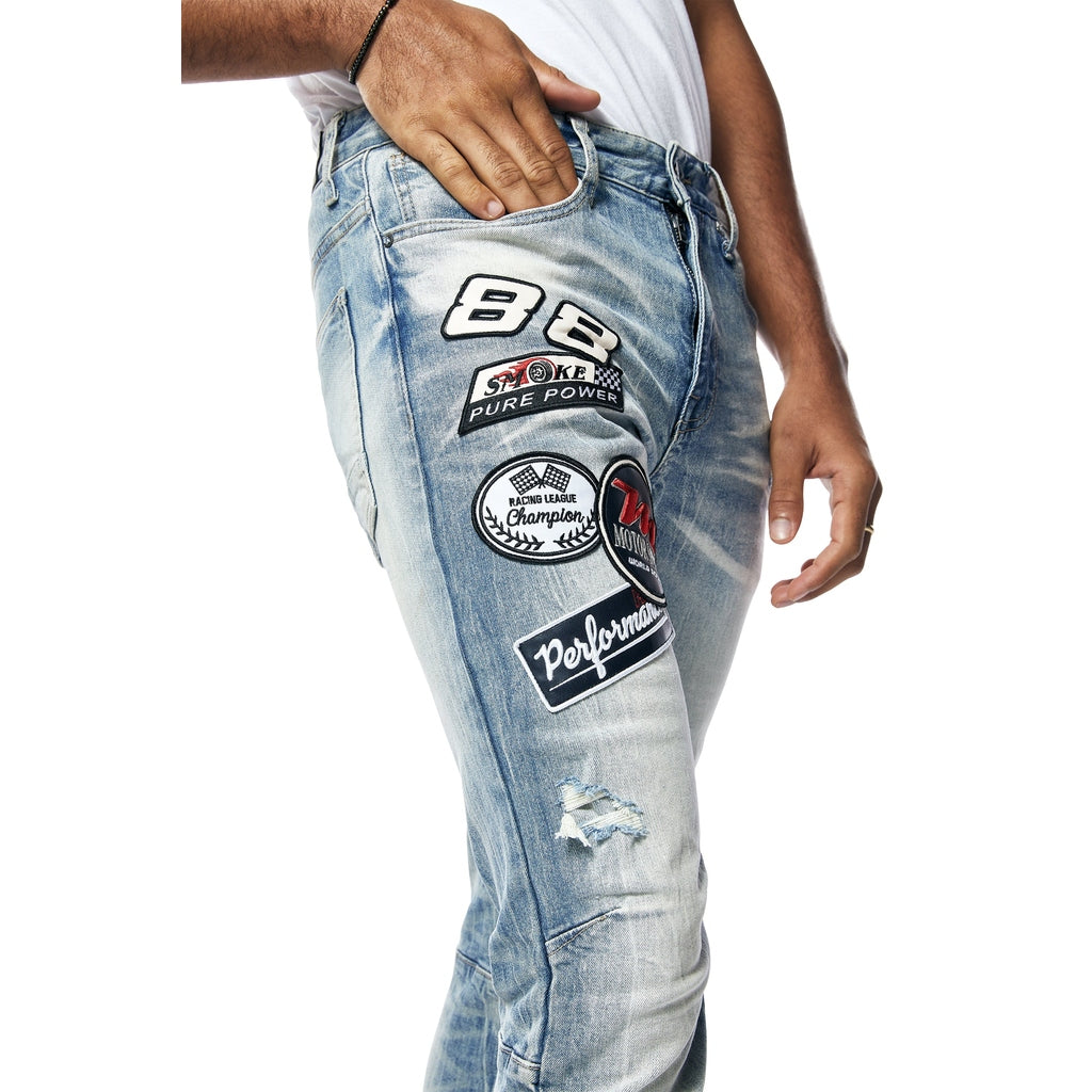 Smoke Rise Embroidered Patched Racing Denim Jeans- Beacon Blue