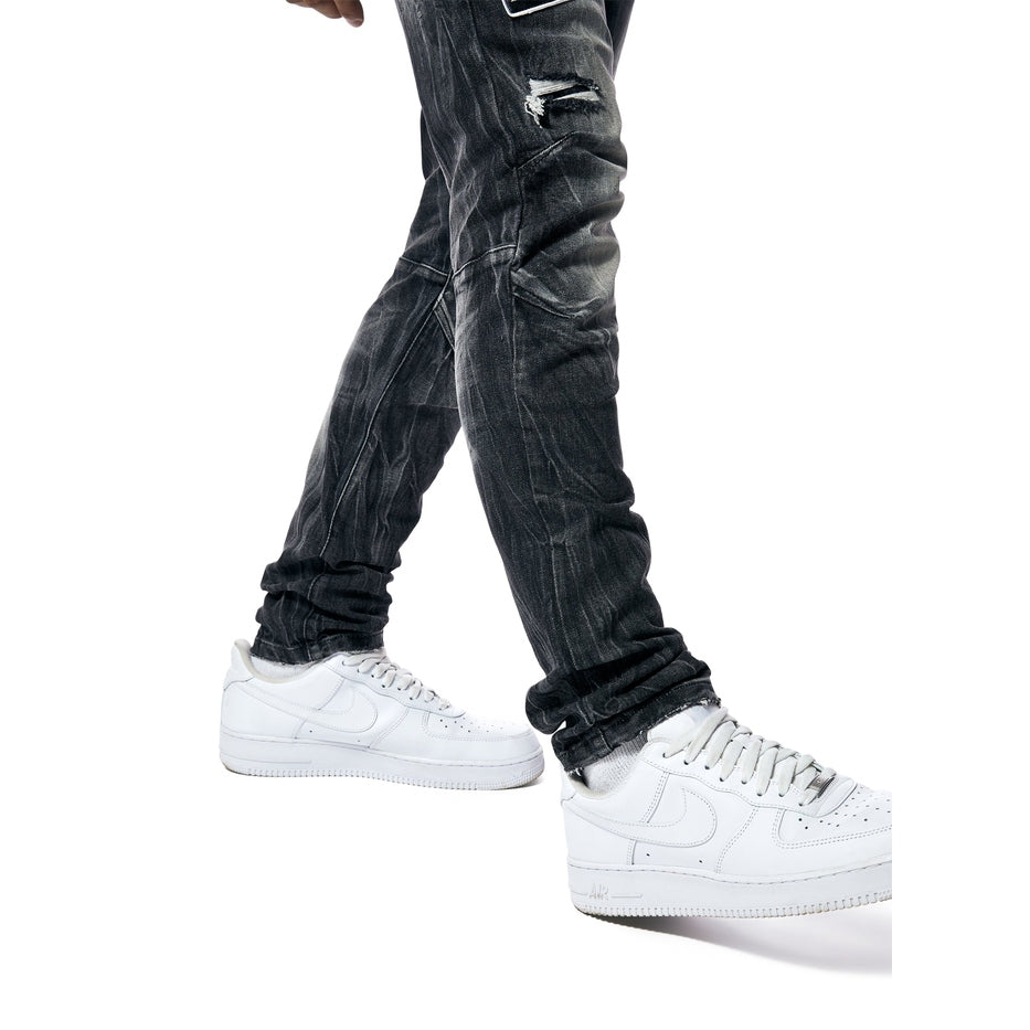 Smoke Rise Embroidered Patched Racing Denim Jeans - Moon Black