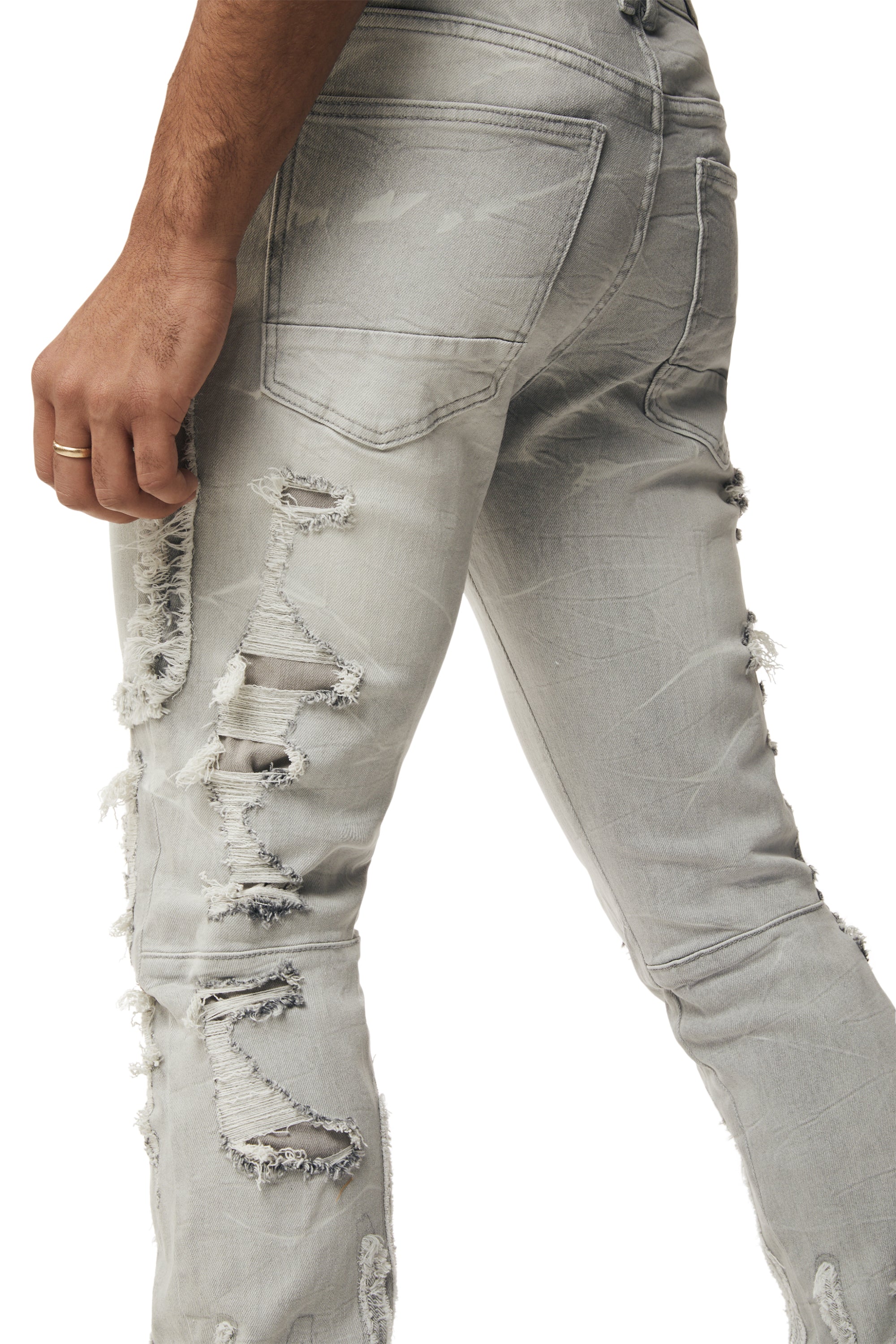 Flame Applique Heavy R&R Stacked Denim Jeans - Cloud Grey