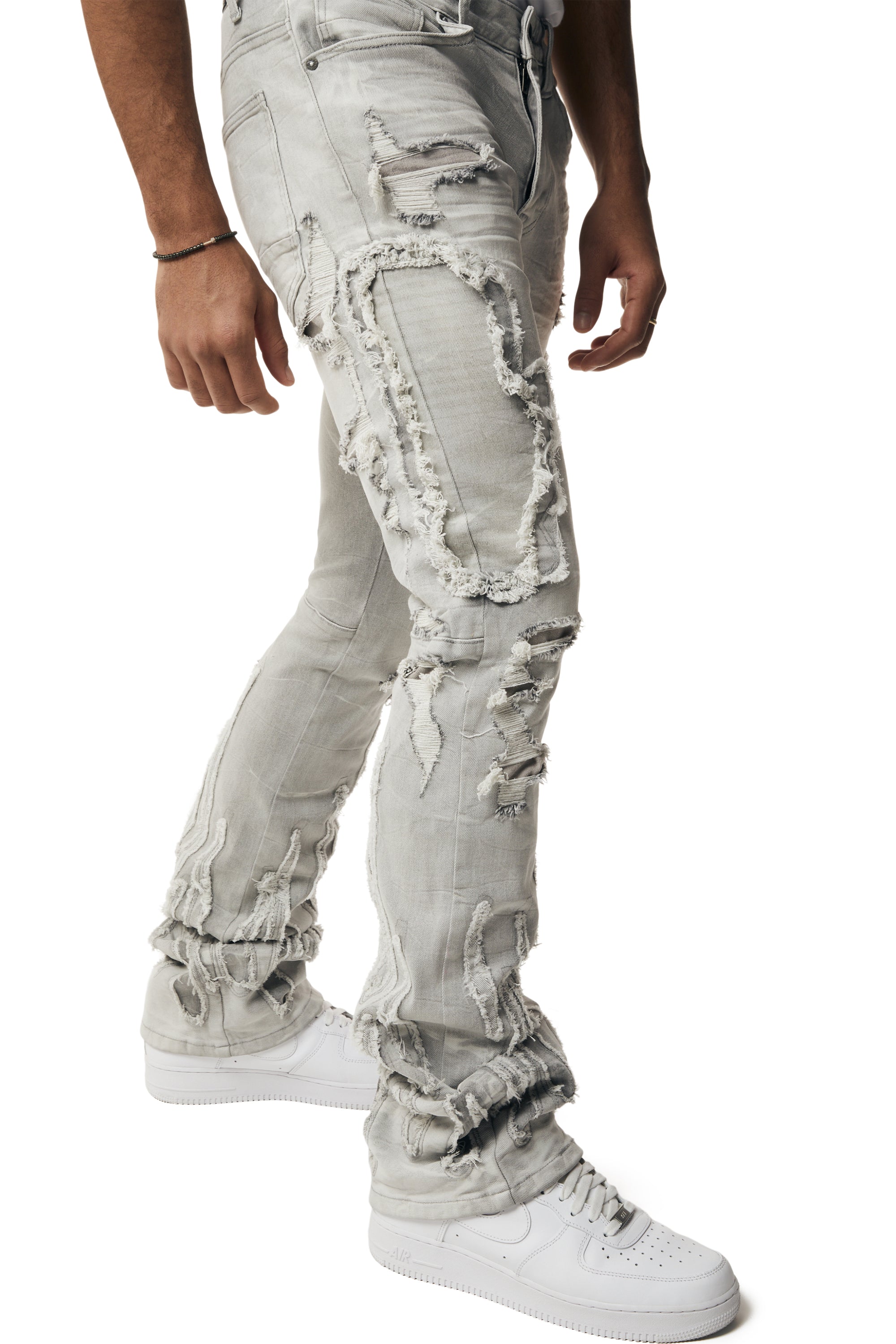 Flame Applique Heavy R&R Stacked Denim Jeans - Cloud Grey