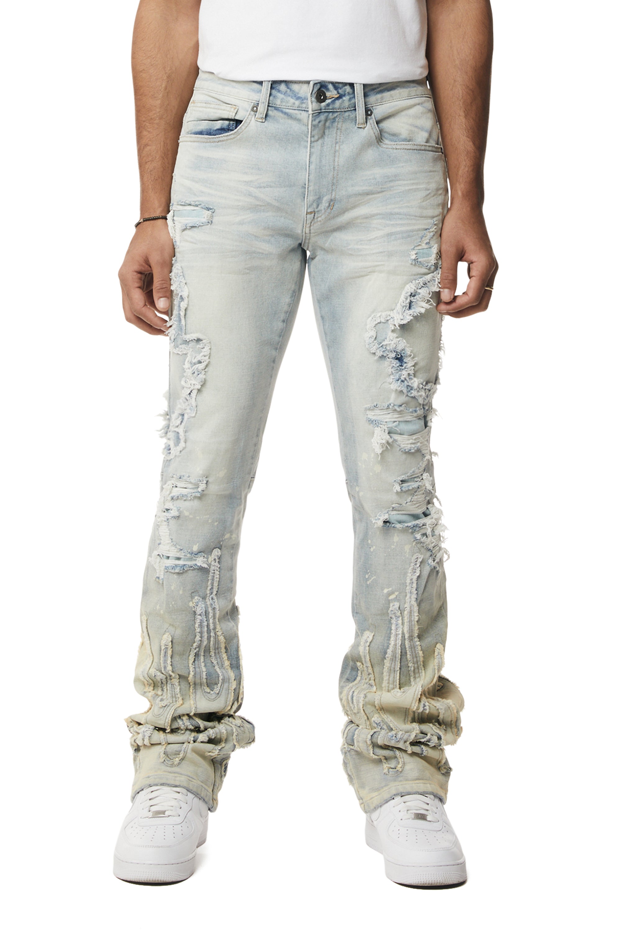 Flame Applique Heavy R&R Stacked Denim Jeans - Ombre Blue