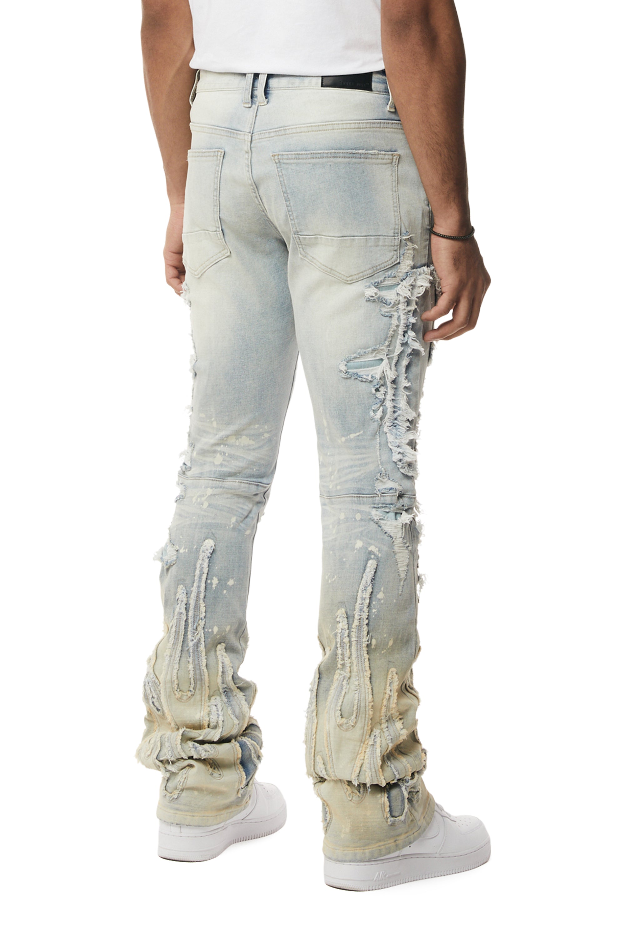 Flame Applique Heavy R&R Stacked Denim Jeans - Ombre Blue