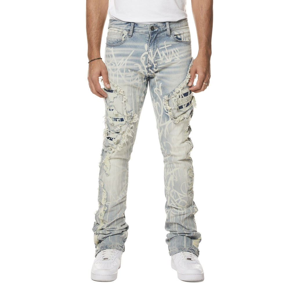 Smoke Rise Heavy Rip & Repair Doodle Stacked Denim Jeans - Nassau Blue