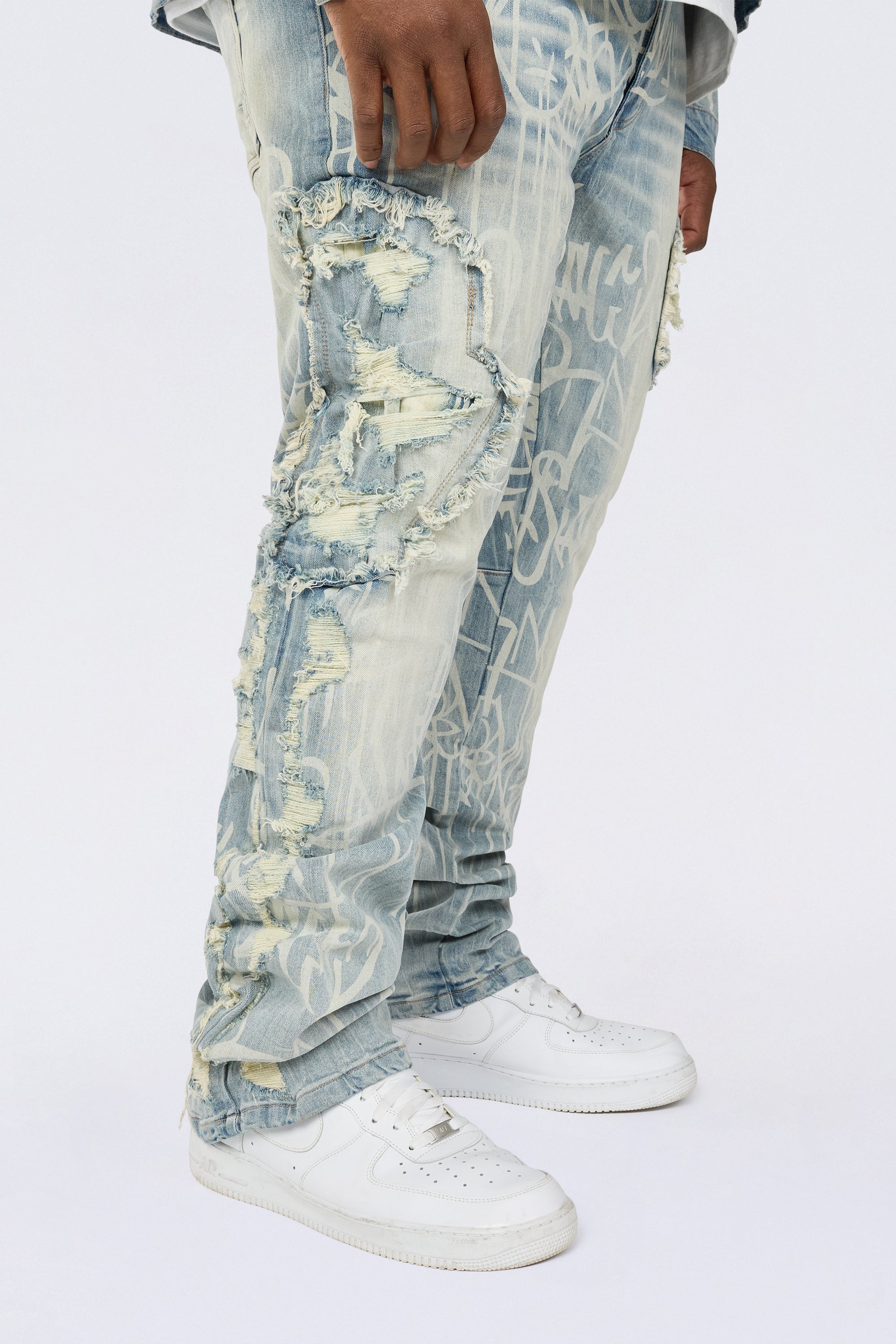 Big and Tall - Heavy Rip & Repair Doodle Stacked Denim Jeans - Nassau Blue