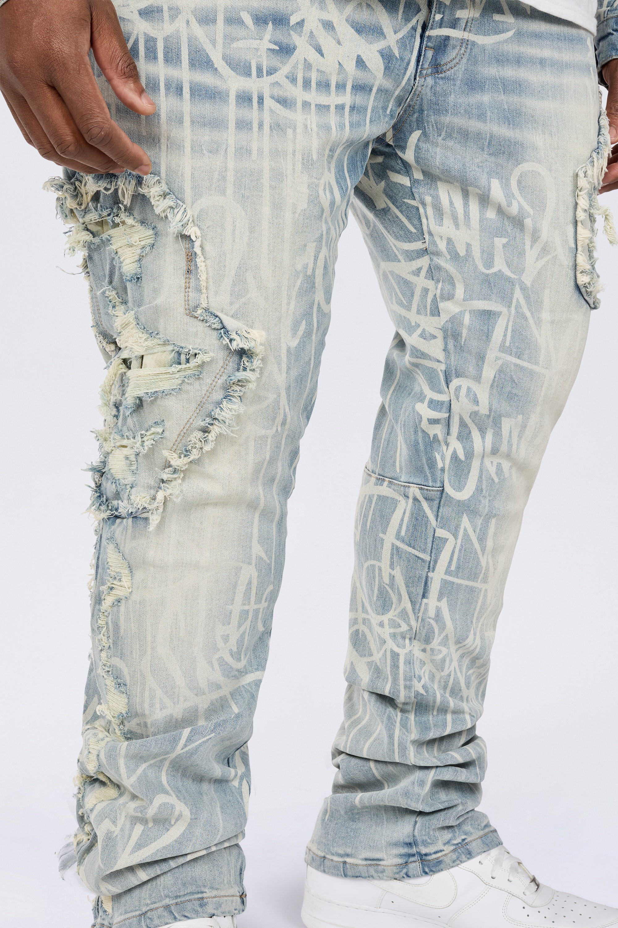 Big and Tall - Heavy Rip & Repair Doodle Stacked Denim Jeans - Nassau Blue