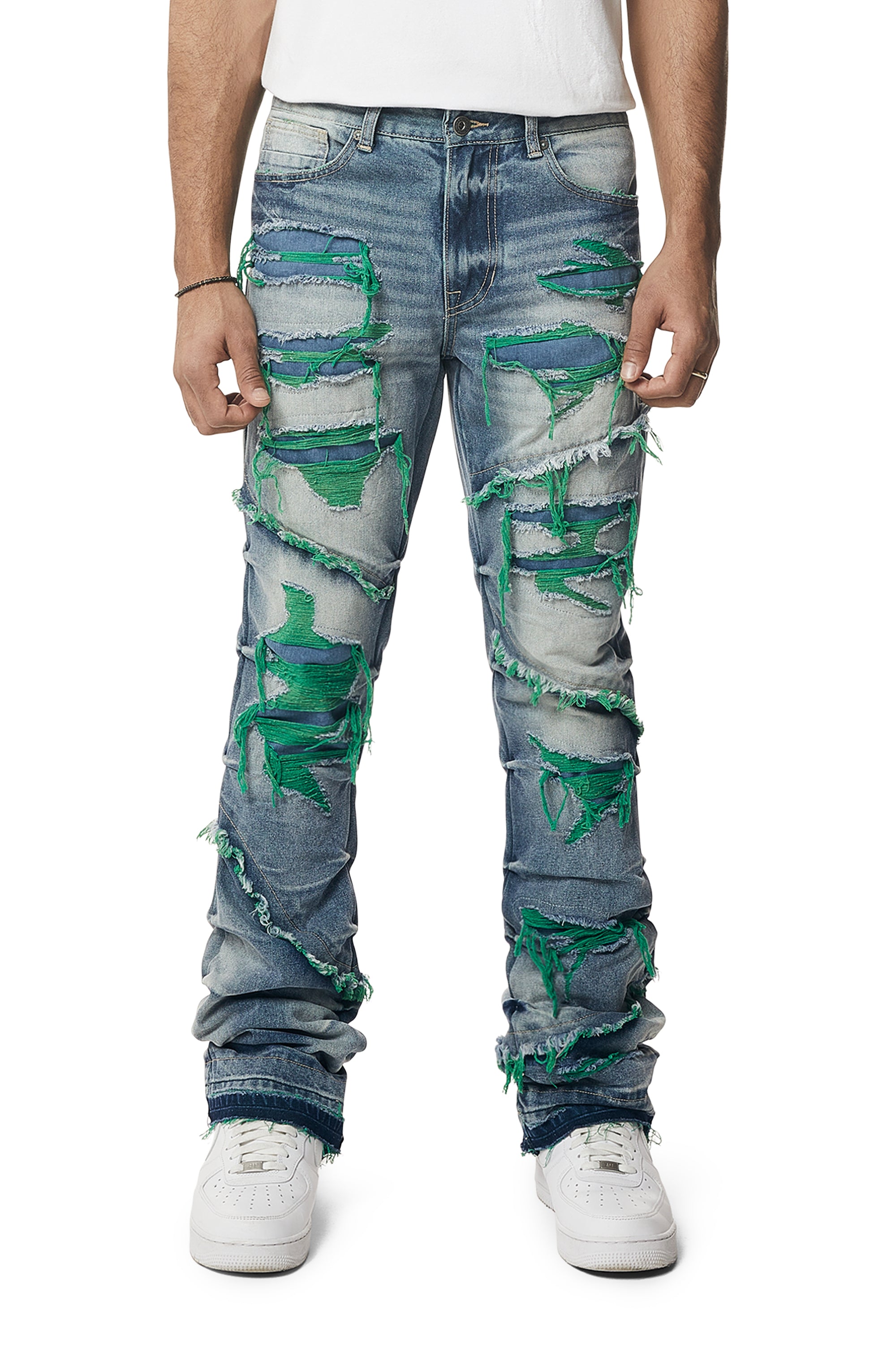 Color Thread Heavy R&R Lazy Stacked Flared Jeans - Green