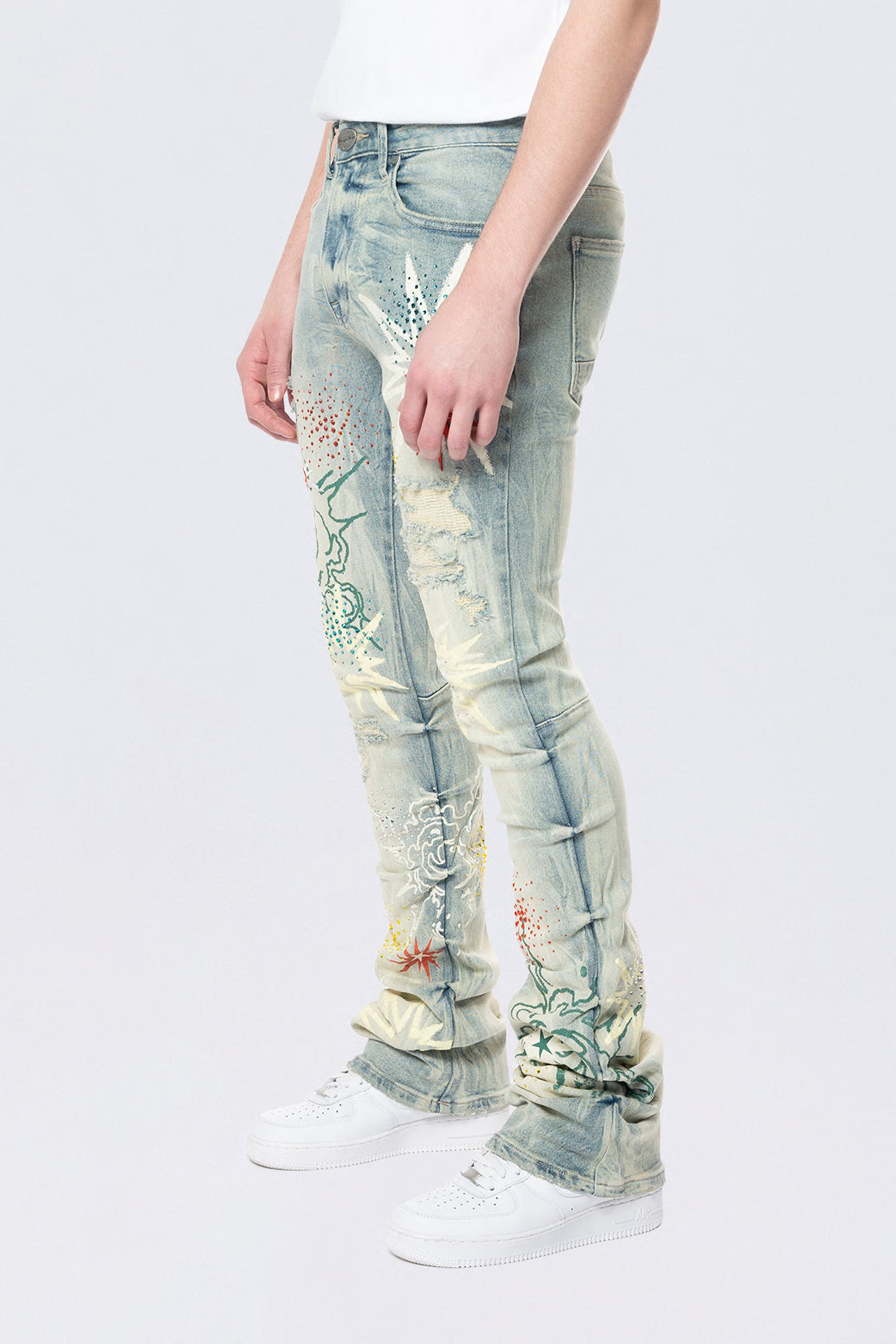 Stacked Flared Pinched Rhinestone Jean - Seville Blue