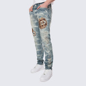 Smoke Rise Slim Varsity Patch Jeans - Clyde Blue