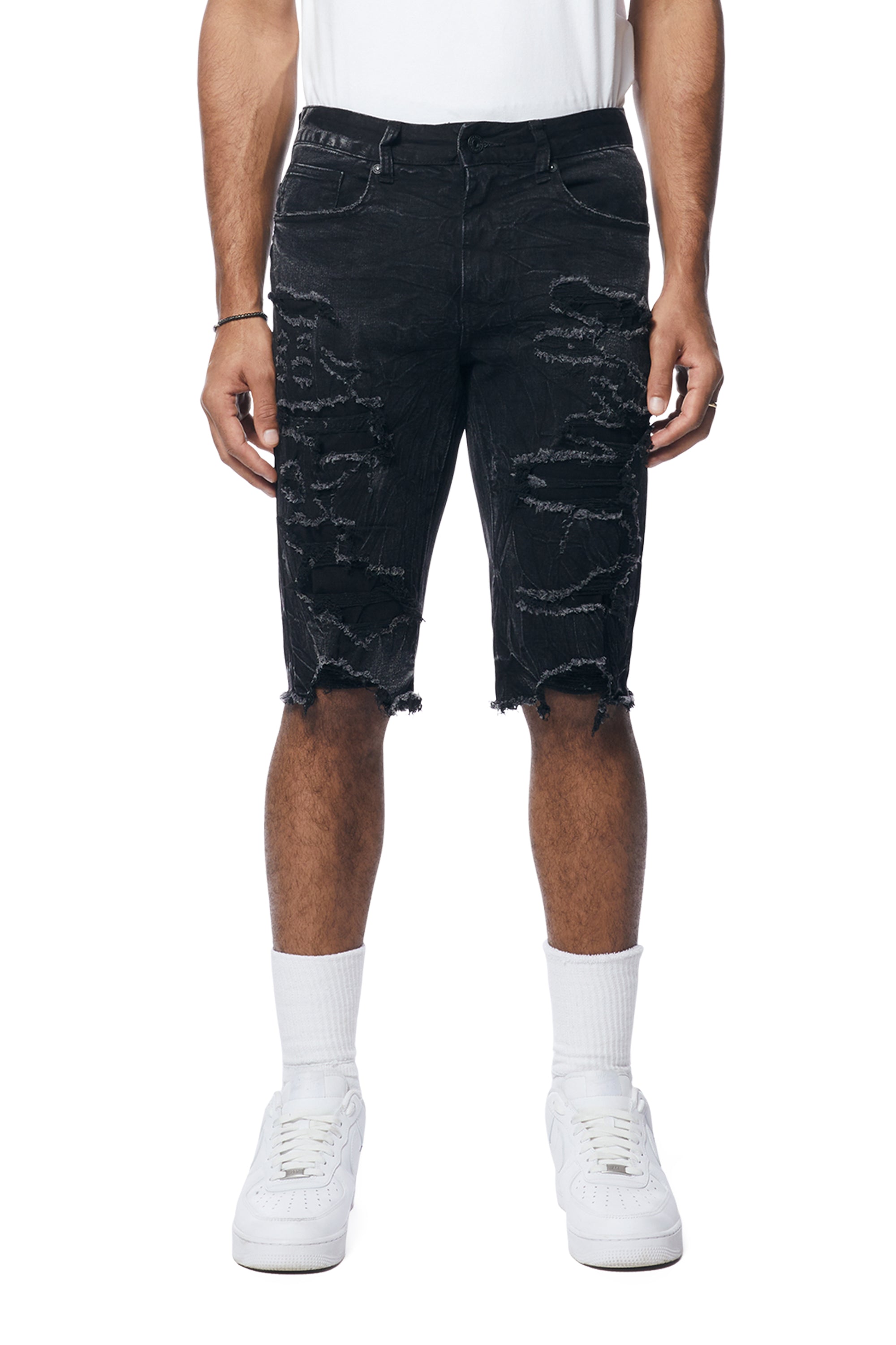 Distressed Rip & Repair Denim Shorts - Black Matrix