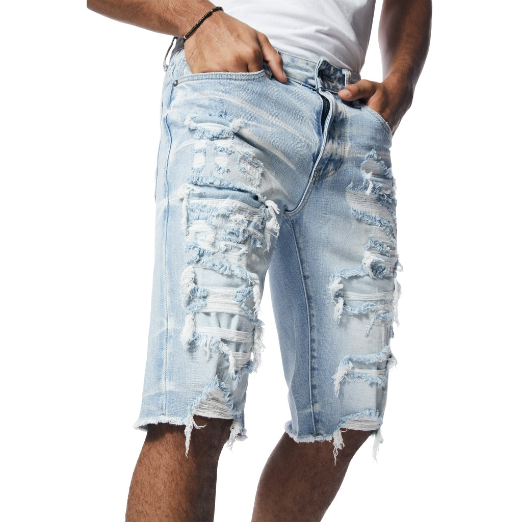 Smoke Rise Distressed Rip & Repair Jean Shorts - Santorini Blue