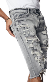 Distressed Rip & Repair Denim Shorts - Union Grey