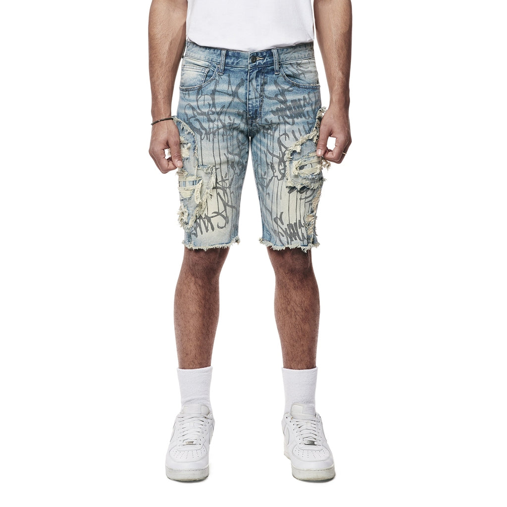 Smoke Rise Heavy Rip & Repair Doodle Jean Shorts - Julien Blue