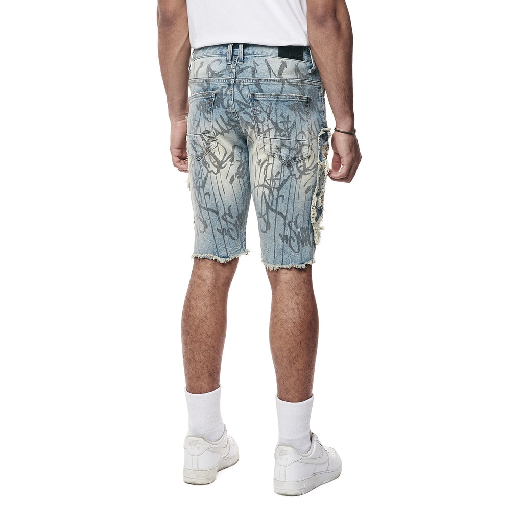 Smoke Rise Heavy Rip & Repair Doodle Jean Shorts - Julien Blue