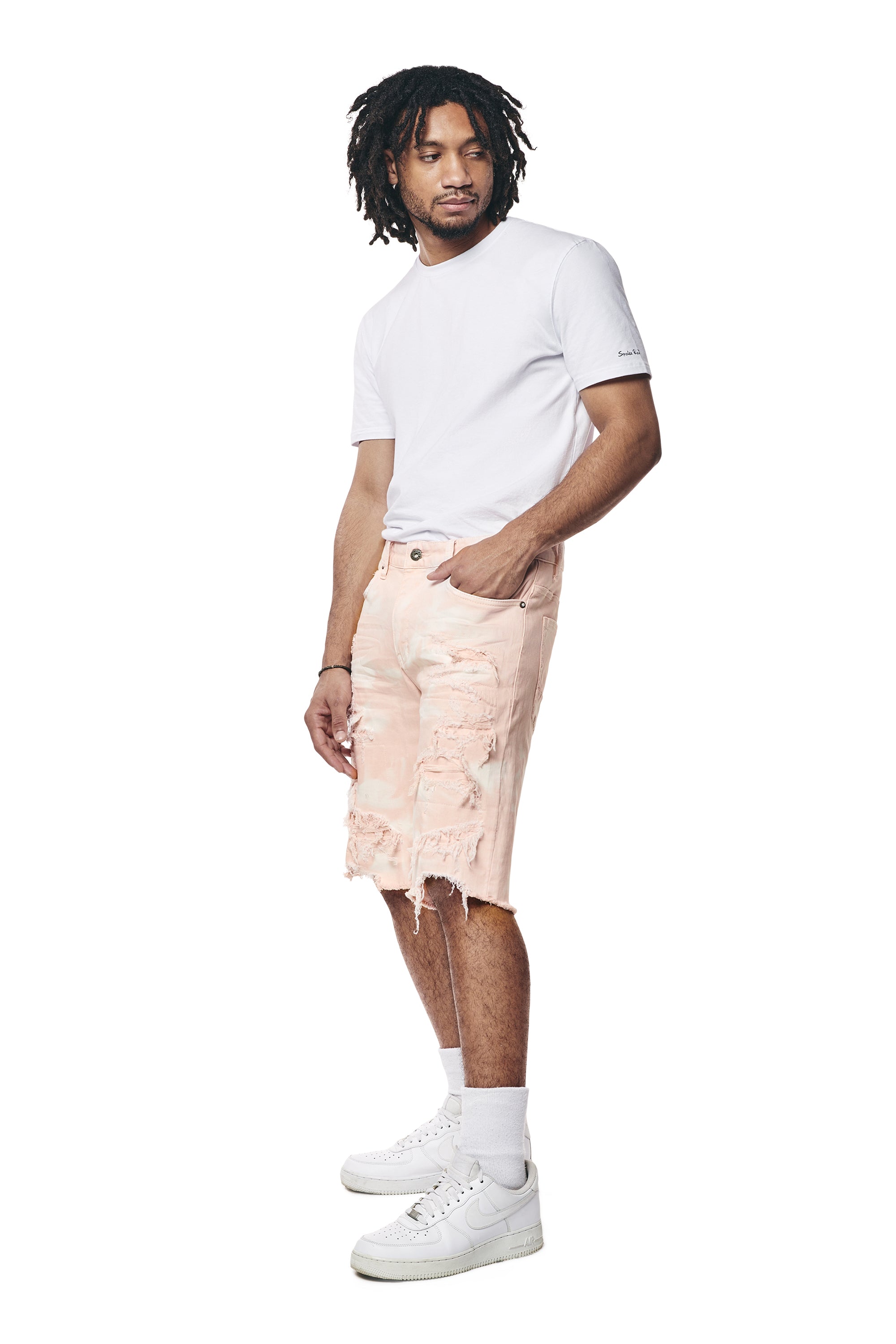 Distressed Rip & Repair Twill Shorts - Brushed Pink