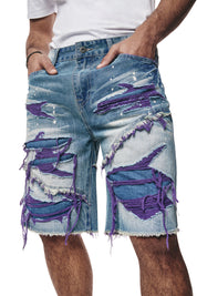 Color Wash Heavy Rip & Repair Denim Shorts - Purple