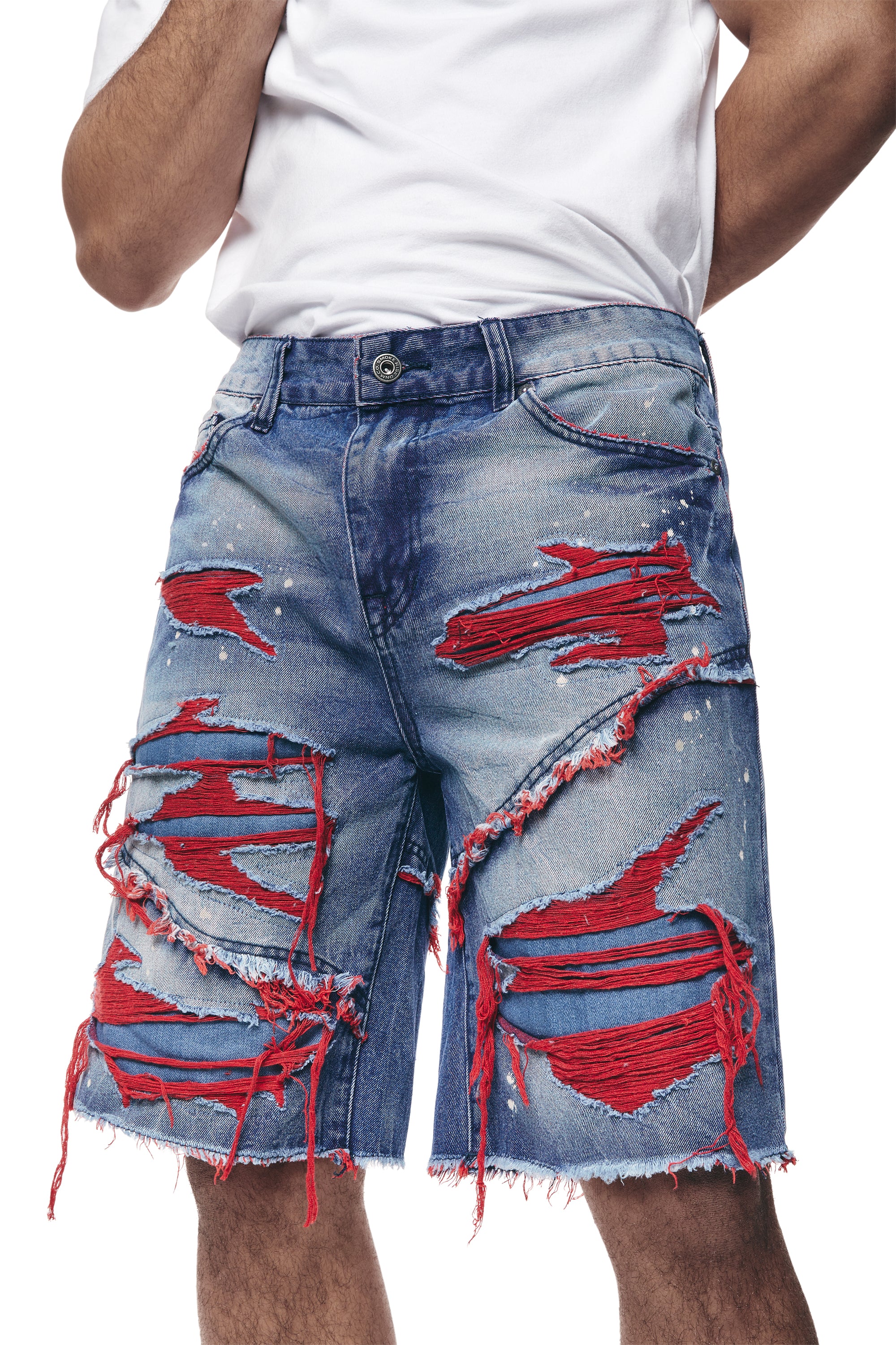Color Wash Heavy Rip & Repair Denim Shorts - Red