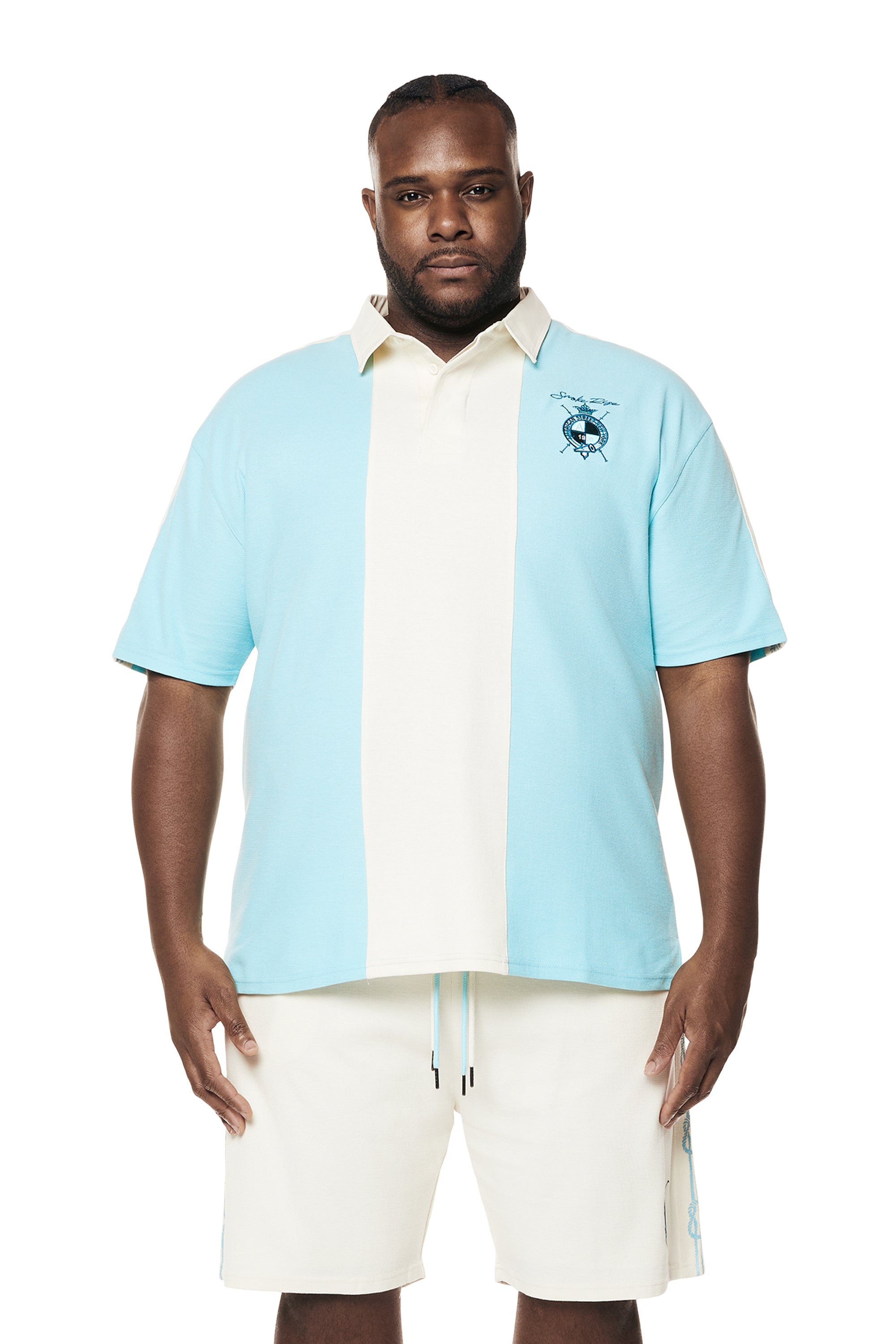 Big and Tall - Crest Embroidered Striped Waffle Rugby Shirt - Paradise Blue
