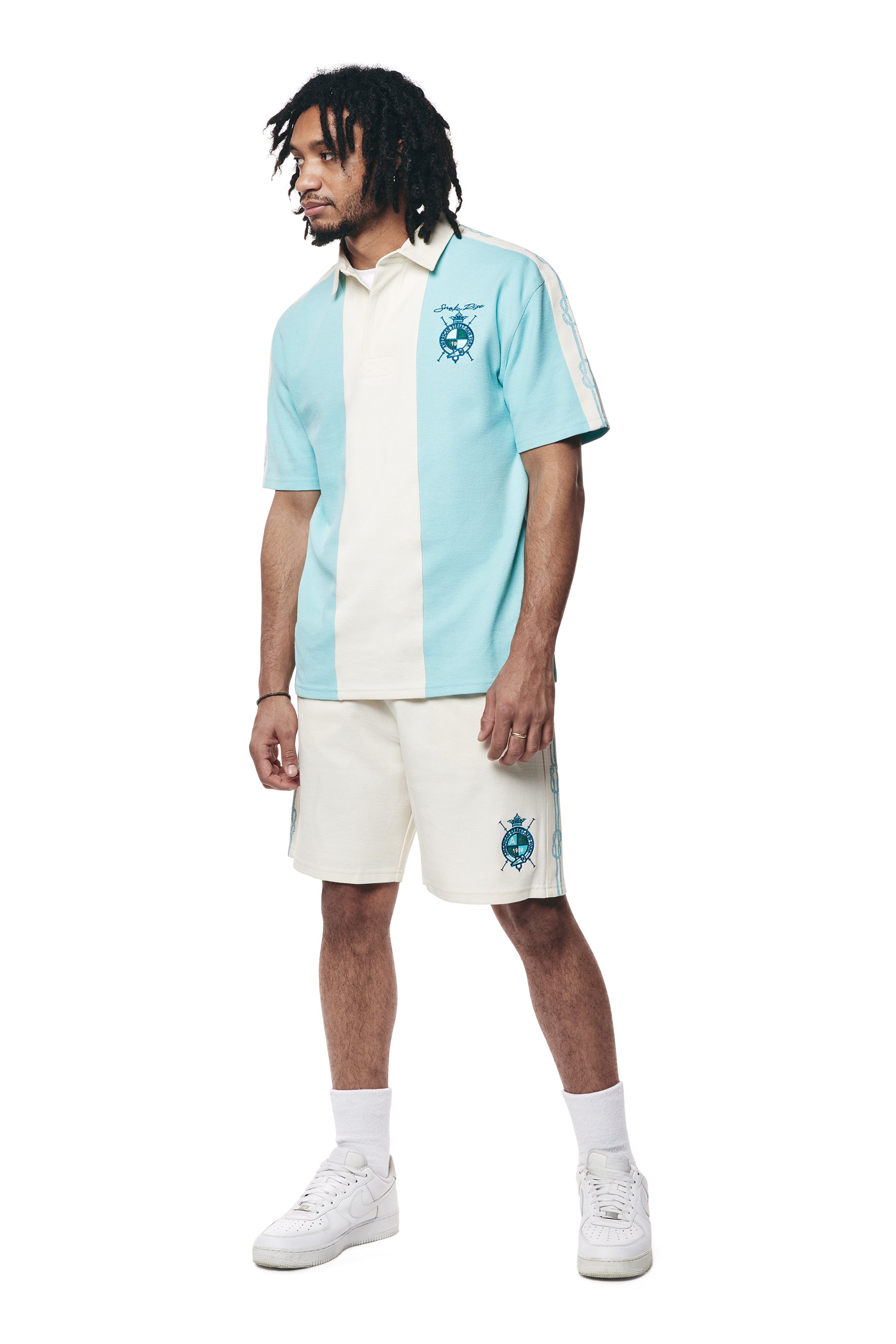 Crest Embroidered Striped Waffle Rugby Shirt - Paradise Blue