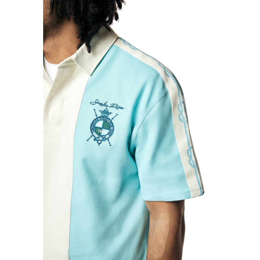 Smoke Rise Crest Embroidered Striped Waffle Rugby Shirt - Paradise Blue