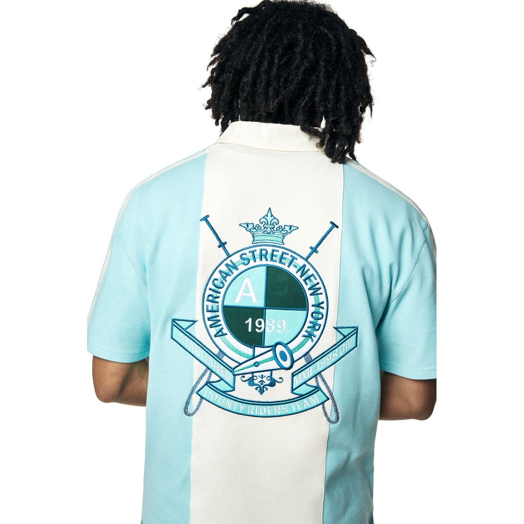 Smoke Rise Crest Embroidered Striped Waffle Rugby Shirt - Paradise Blue