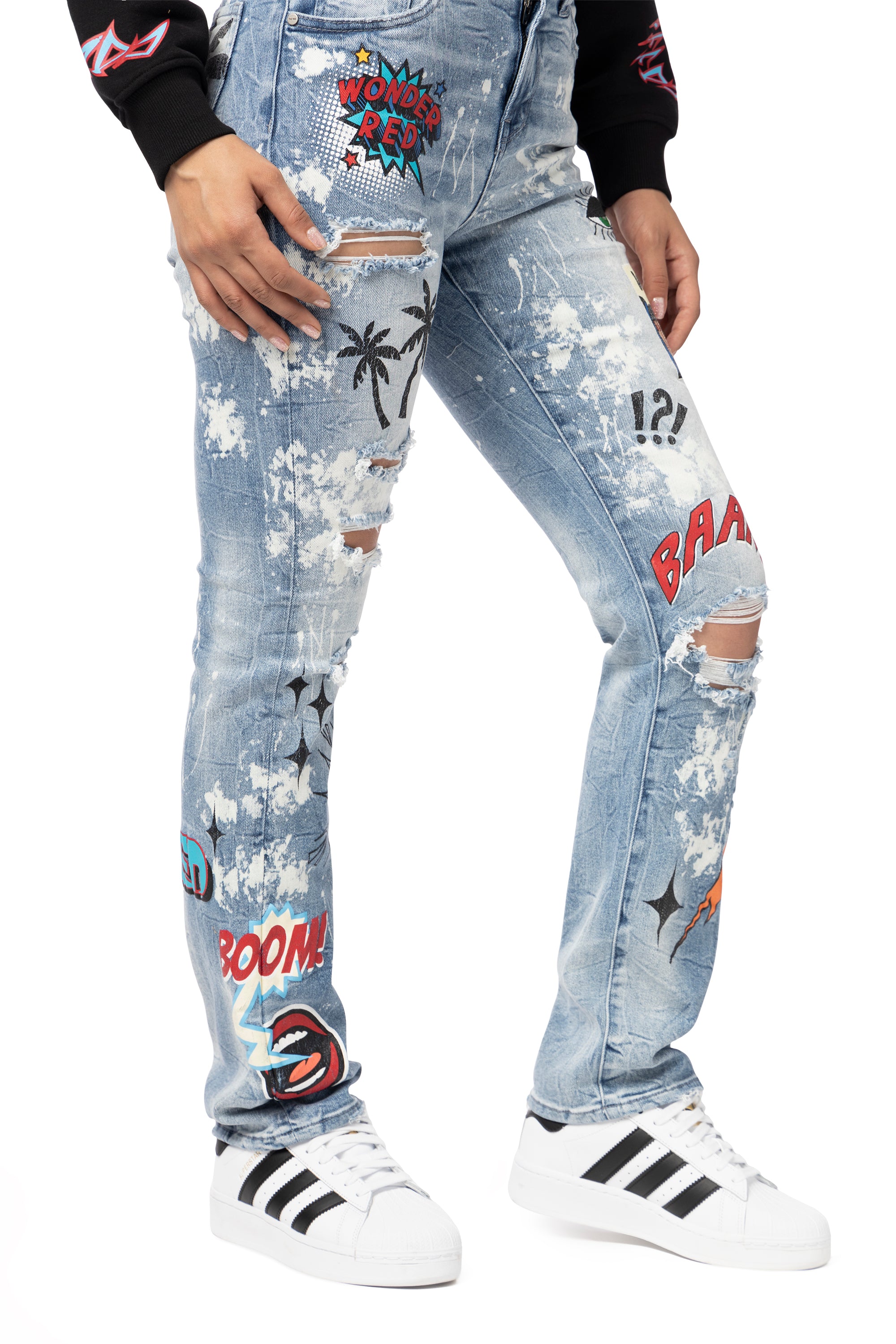 High Rise Graphic Straight Denim Jeans - Cabana Blue