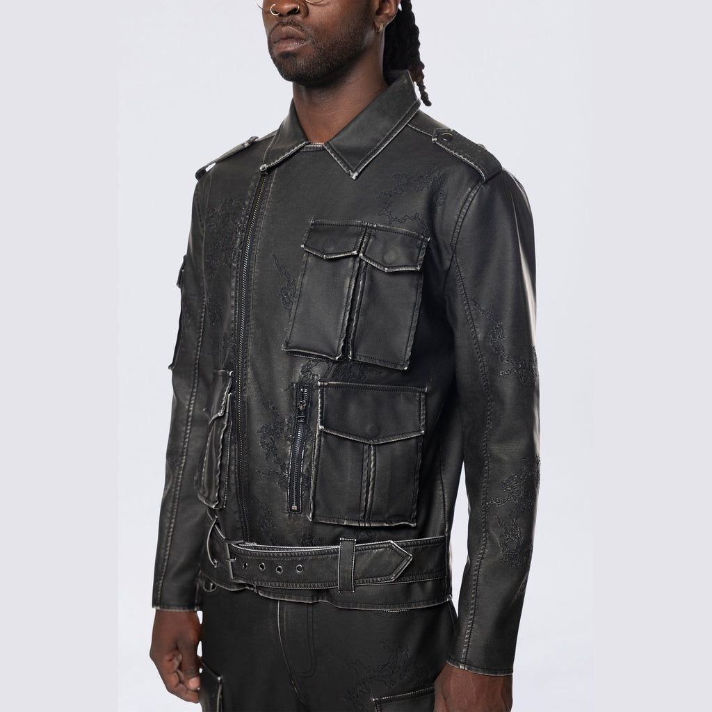 Smoke Rise Washed Vegan Leather Biker Jacket - Washed Black